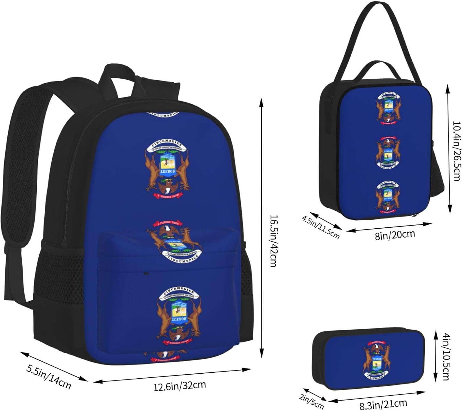 Michigan State Flag Print 3 In 1 Set With Lunch Box Pencil Bag Backpack Set Computer Bag Casual For Gym Beach Travel