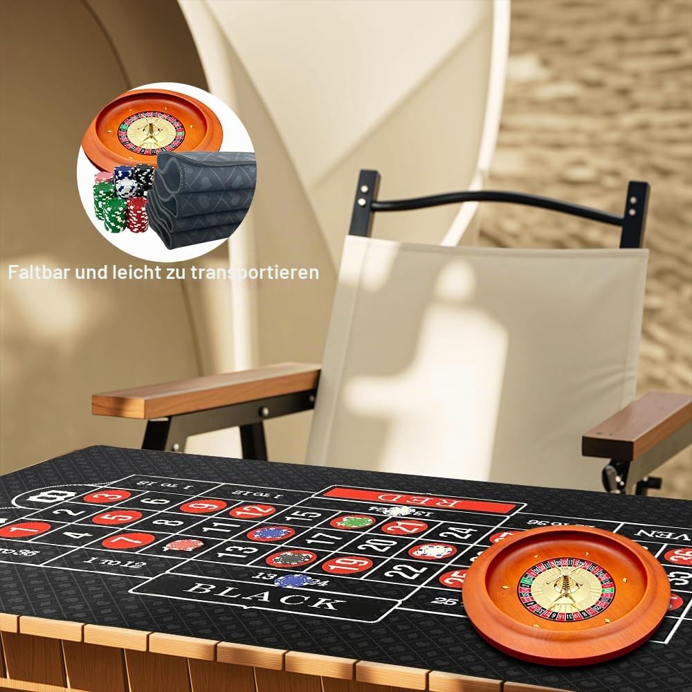 27,9 cm massives Roulette-Rad Set für Erwachsene, mit 47,2 x 22,8 Zoll doppelseitiger Tisch-Layout-Filzmatte, 100 ABS-Chips, und Dealer-Knopf-Spielkarten, Casino-Roulette-Spielsets