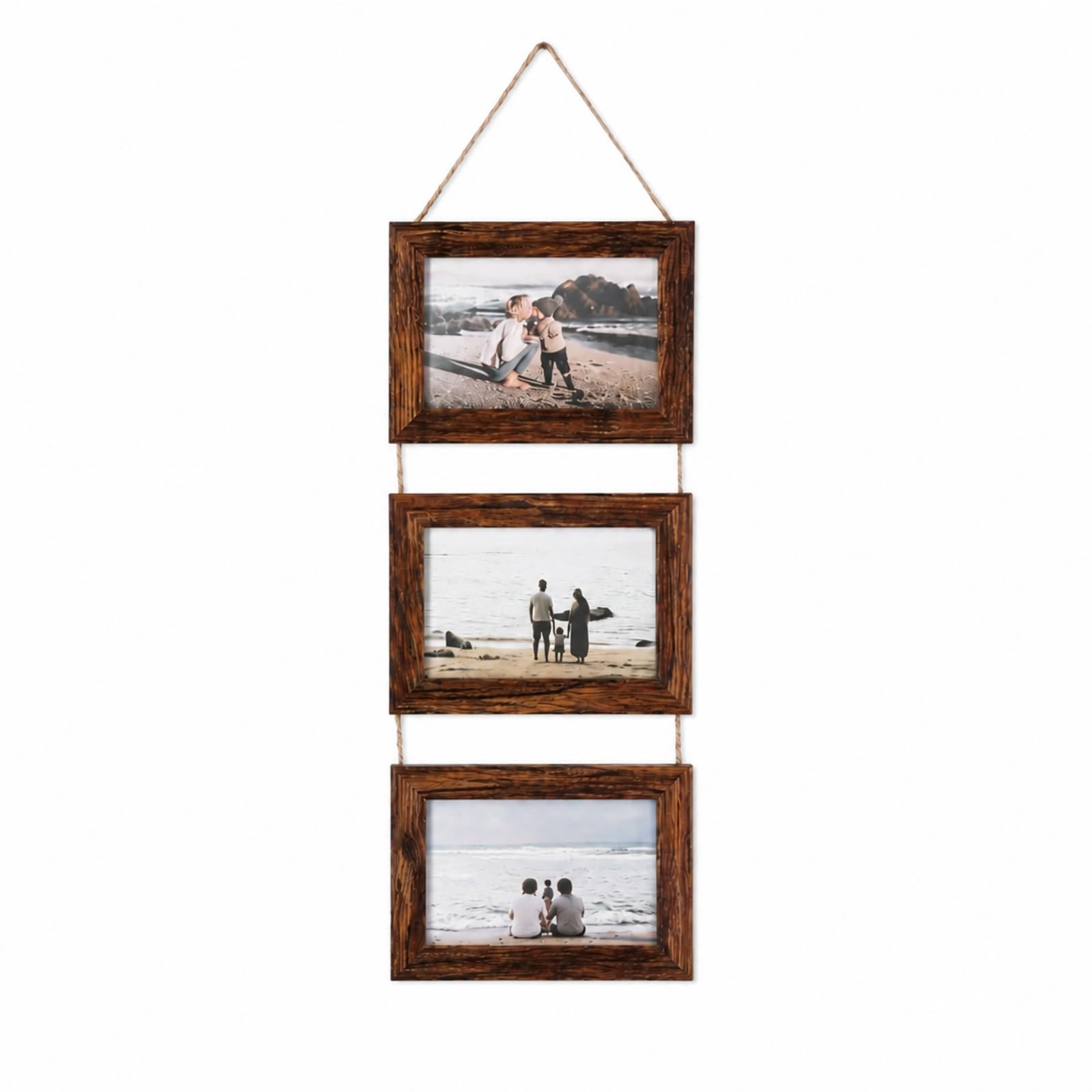 Photo Frame with Twine 6x4, Hanging Frames for 3 Photos, Multiple Photo Frame for Wall, Farmhouse Style Picture Frame for Living Room or Office (Dark Brown)