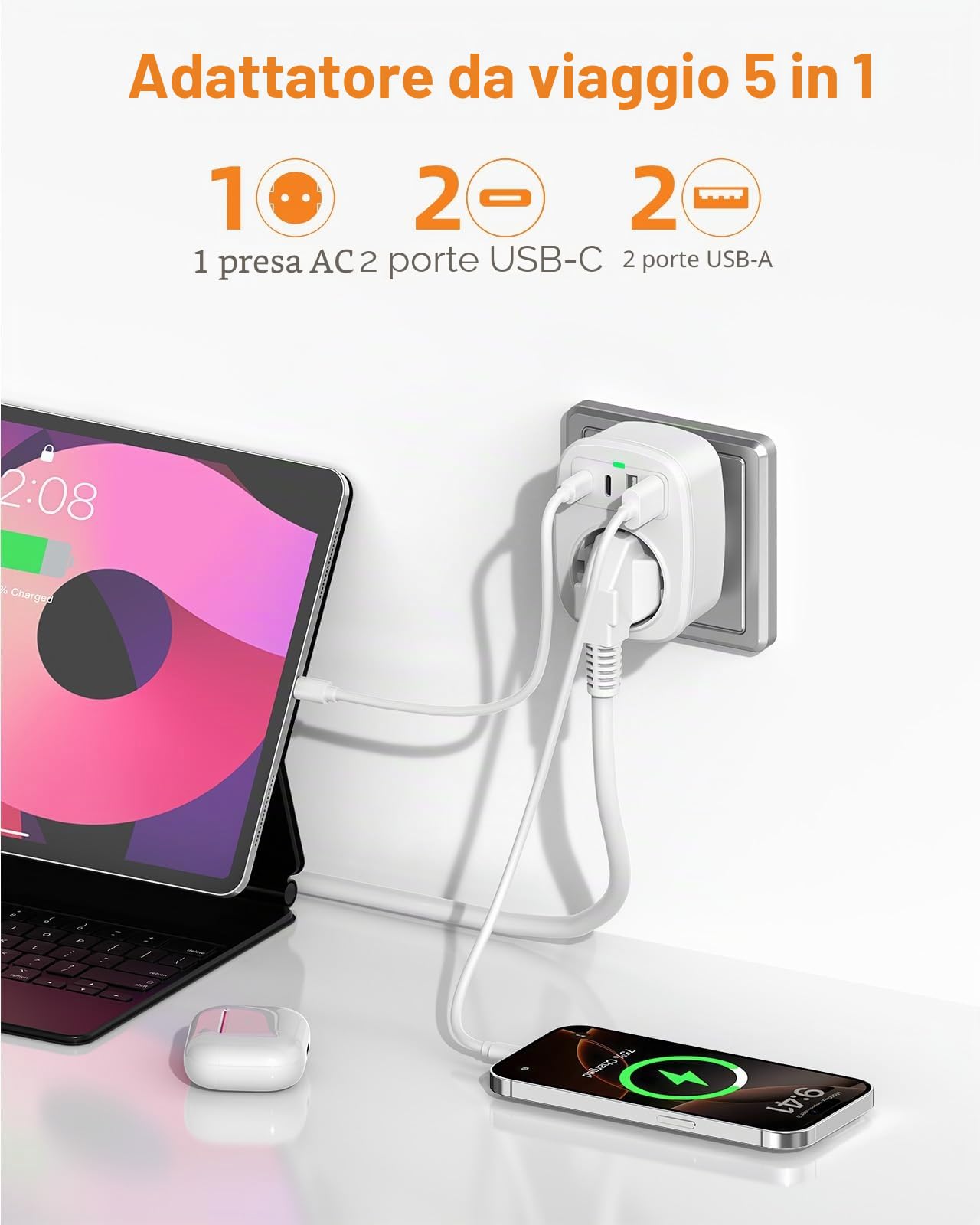 THUNIX Adattatore Da Viaggio 6 In 1 Tipo A – 2 USB-C + 2 USB-A, Per Giappone, Cina, USA, Canada, Thailandia E Altri