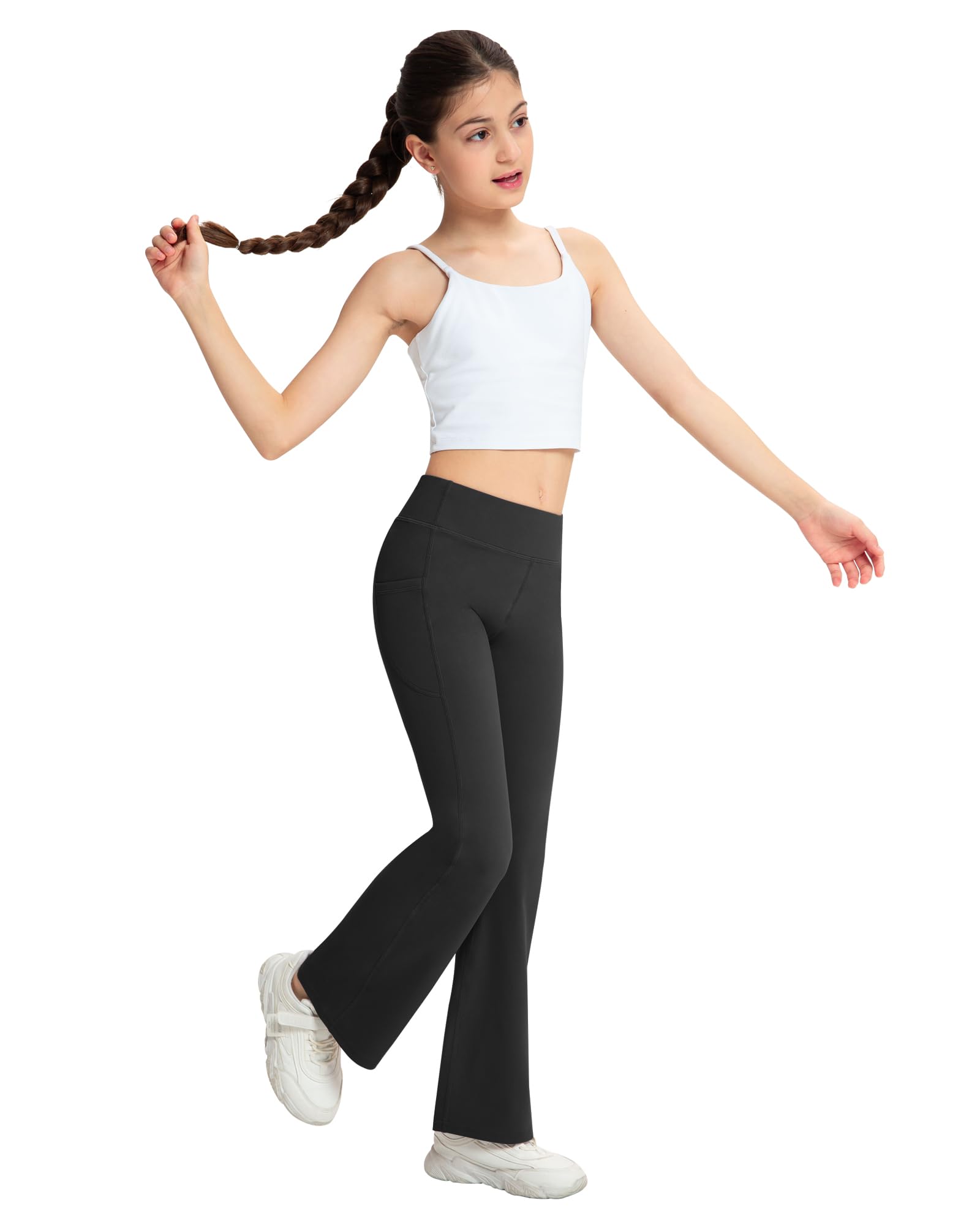 NORMOV Pantalones de yoga para niña con bolsillos, pantalones acampanados casuales de cintura alta para niños