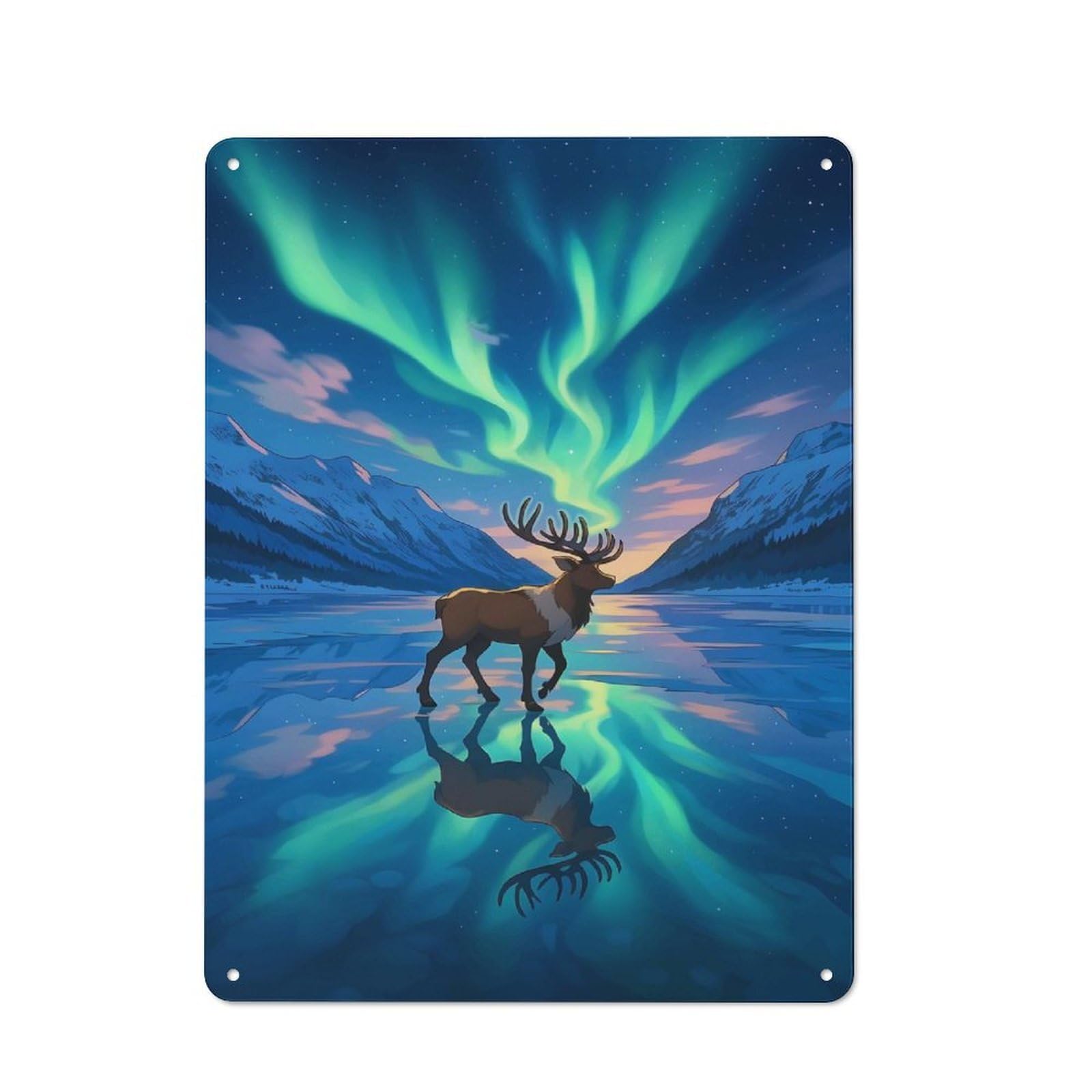 Junmoney Style-23 Reindeer Under Aurora Borealis Vintage Tin Wall Plaque 40X30cm For Hobby Room Or Studio, A Decorative Metal Sign For Hobby Rooms And Studios