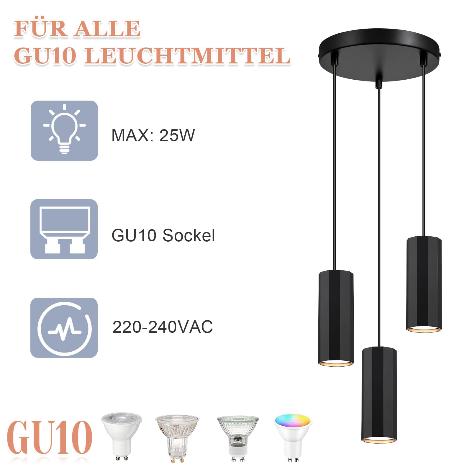 Glitzerlife Pendelleuchte Schwarz 3 Flammig Esstisch - Hängelampe GU10 Hängeleuchte Küche Hänged Esszimmerlampe Metall Höhenverstellbar pendellampe für Innen Esszimmer Schlafzimmer Wohnzimmer