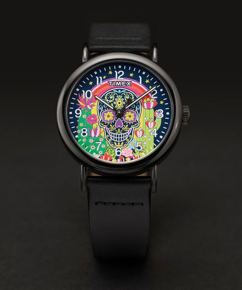 Timex Weekender Day Of The Dead Tw2Y15900 Zegarek Męski, 40 mm, Czarny Skórzany Pasek i Czarna Tarcza