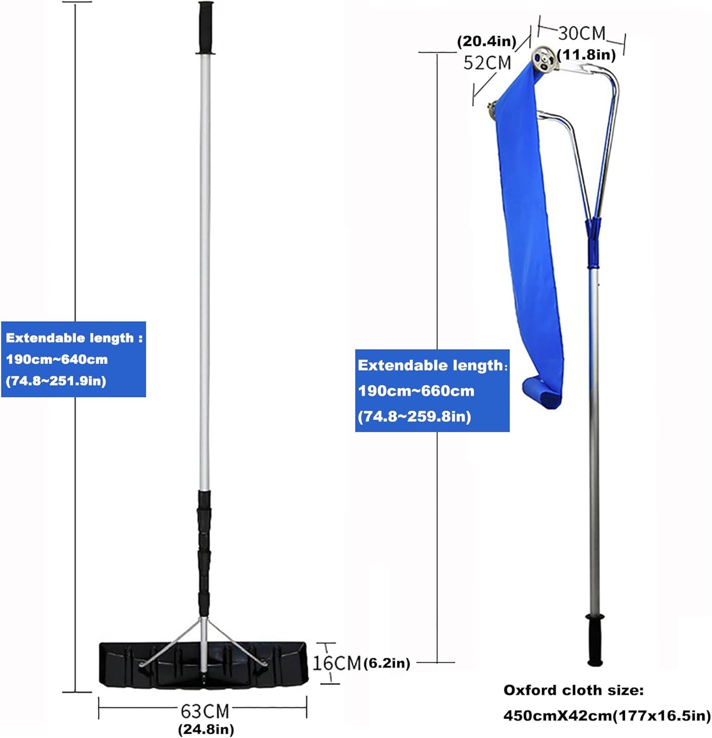 Snow Rake for House Roof, Assembled Multifunctional Snow Removal Tools 5 Aluminum Rods Adjustable Length Easy to Operate Save Time and Effort Protect The Roof Prevent Falling Accidents(Blue)