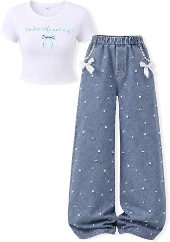 Girls 2 Piece Outfit Tween Girls Fall Clothes Set Short Sleeve + Wide-Leg Jeans Outfit 7-14 Years