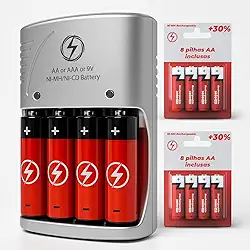 Carregador de Pilhas Recarregáveis Kit + 8 Baterias AA/AAA