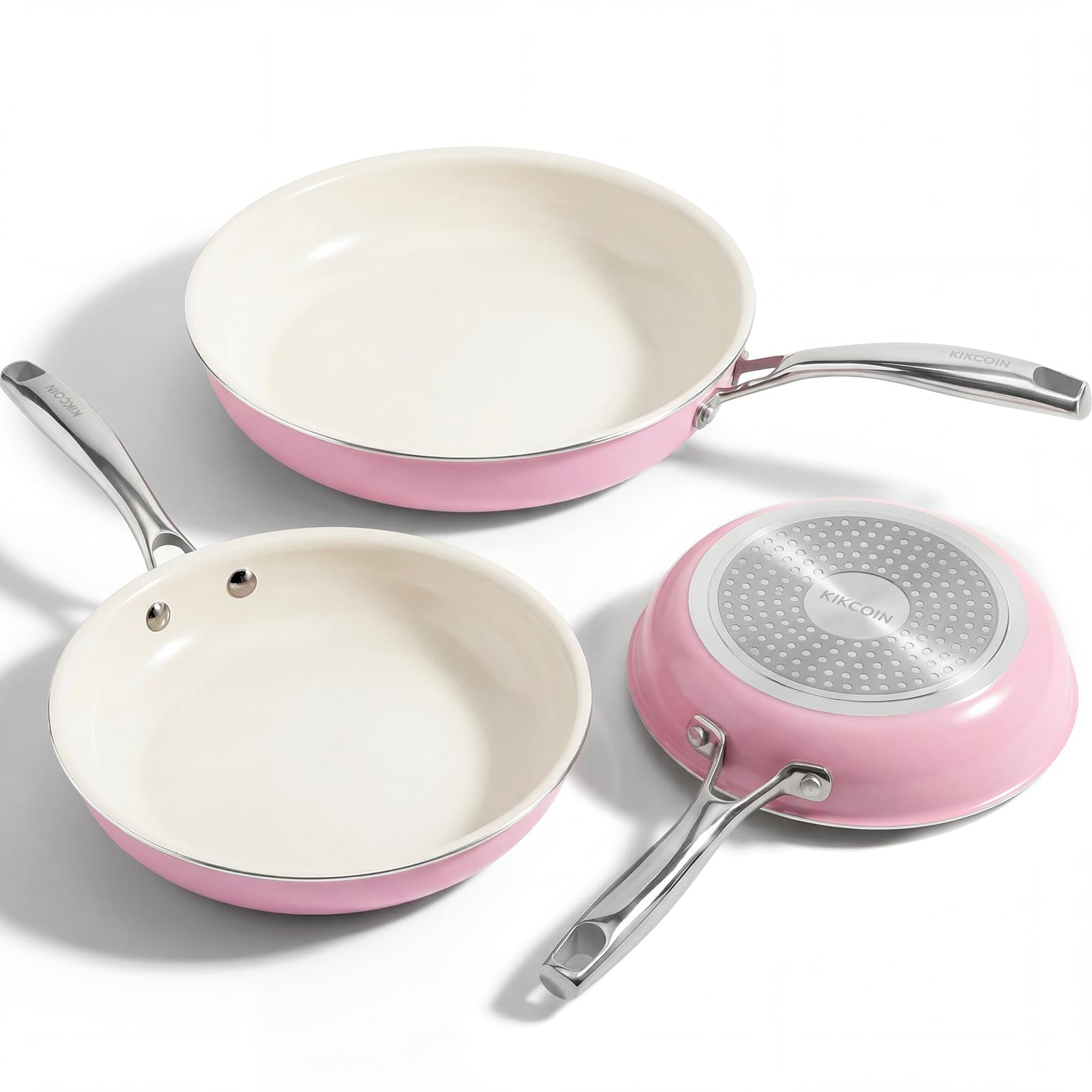 Photo 1 of Kikcoin Nonstick Frying Pans Set - 3 Pcs Pink Ceramic Frying Pan with Stay Cool Handle - 8+9.5+11 Inch Non Toxic Cooking Pans, Compatible with Induction, Oven & Dishwasher
