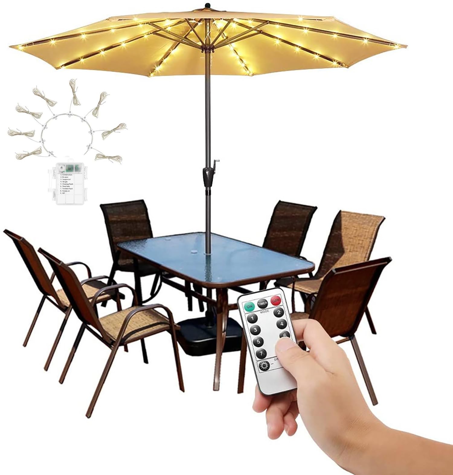 Sonnenschirm-Lichterkette, 104 LEDs, 8 Modi, batteriebetrieben, dekorative Lichter, Campingzelt (Warmweiß)