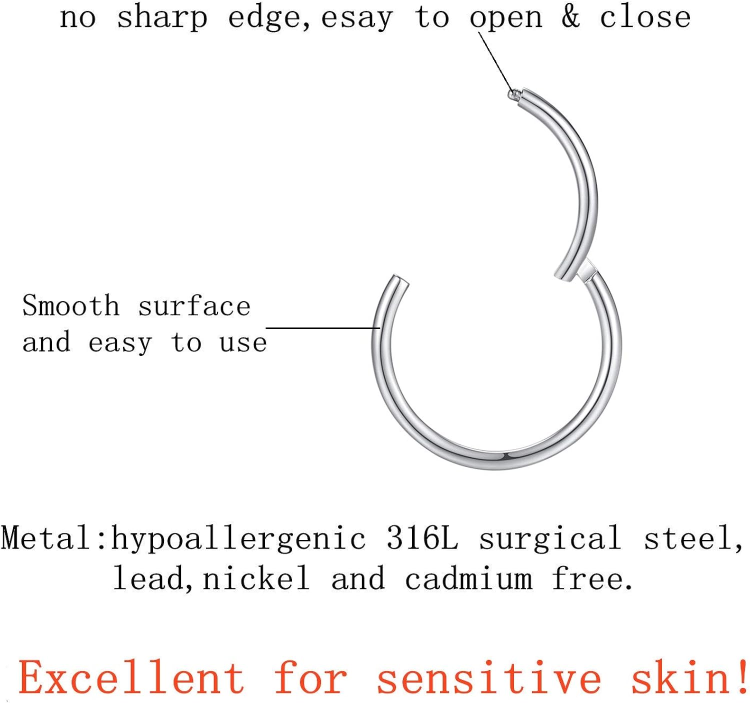 Miniatura 2 de Aretes de aro de acero quirúrgico 316L para nariz, aro de septum, clicker con bisagras, anillo de labio, pendiente de perforación para cartílago de