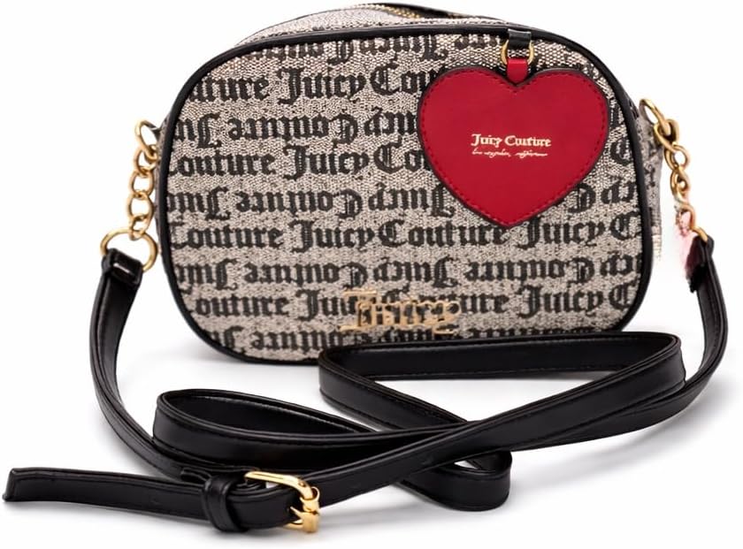 Juicy Couture Women’s Logo Print Heart Camera Crossbody Bag with Adjustable Strap (Black with Red Heart)