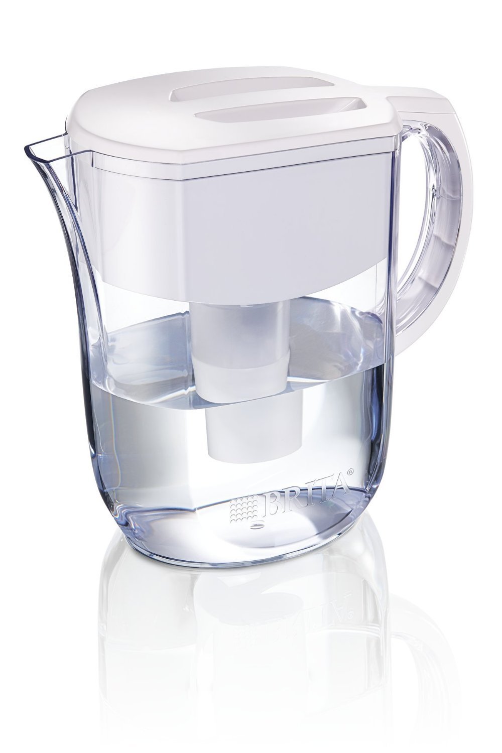 Hand pouring filtered water from Brita pitcher into a glass with ice