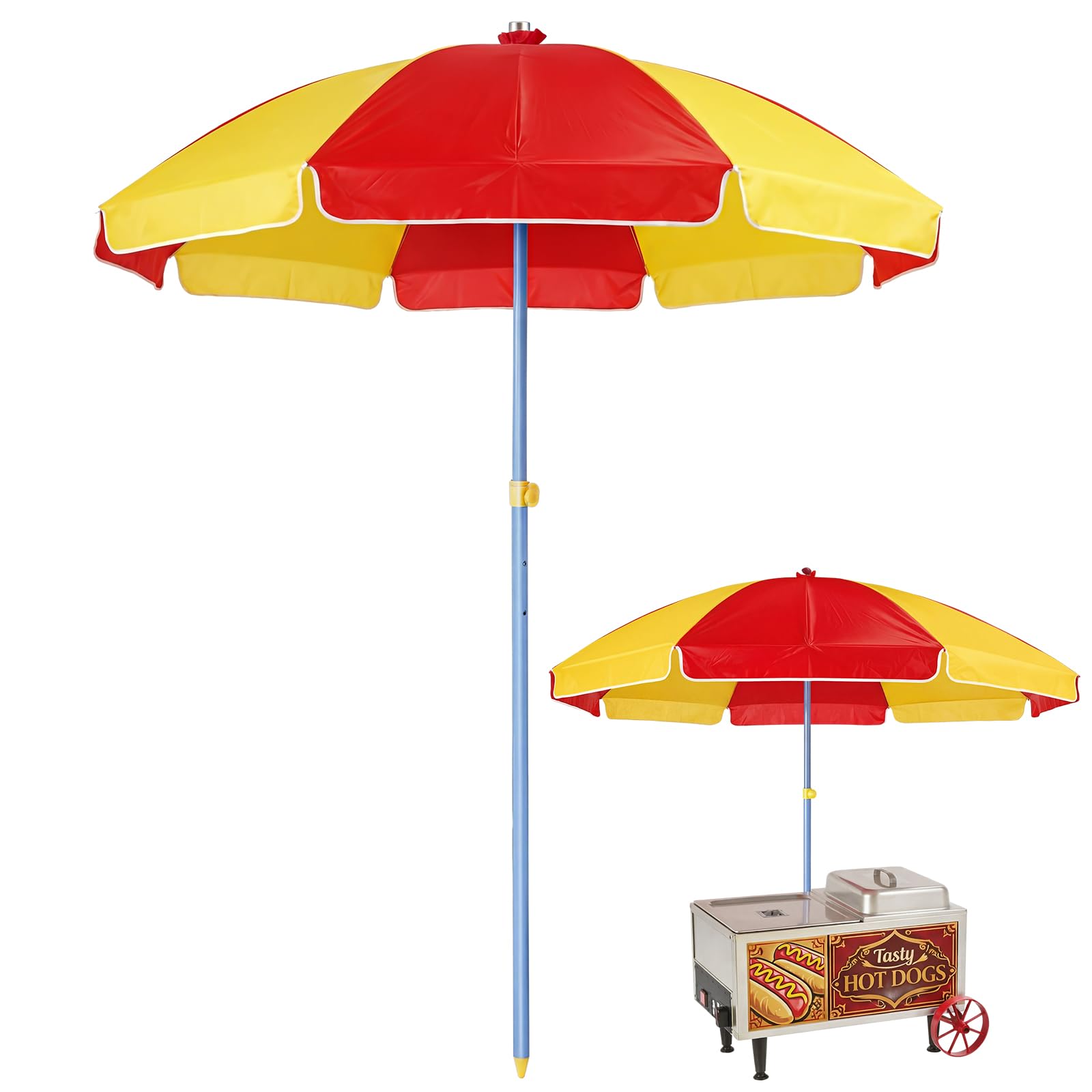 Photo 1 of Sunnymove 6.5ft Commercial Hot Dog Cart Umbrella, 7.5ft High Pole UV Blocking Waterproof Canopy for Outdoor Food Truck Mobile Vendors Catering Stand(Red and Yellow)