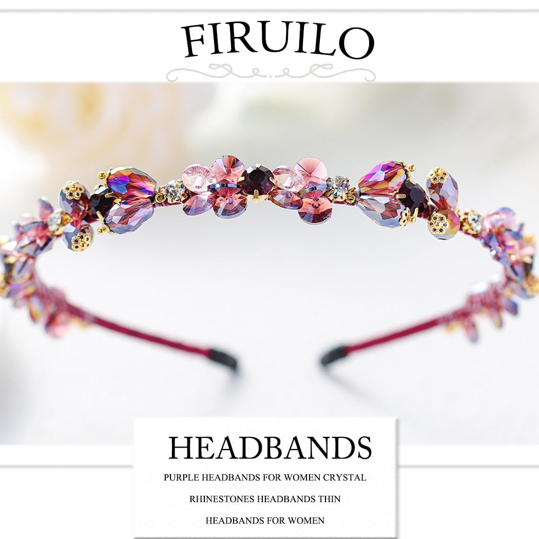 Baroque Rhinestones Headbands Purple Thin Hairband Bling Crystal Beaded Head Band for Women(Purple) - Image 2