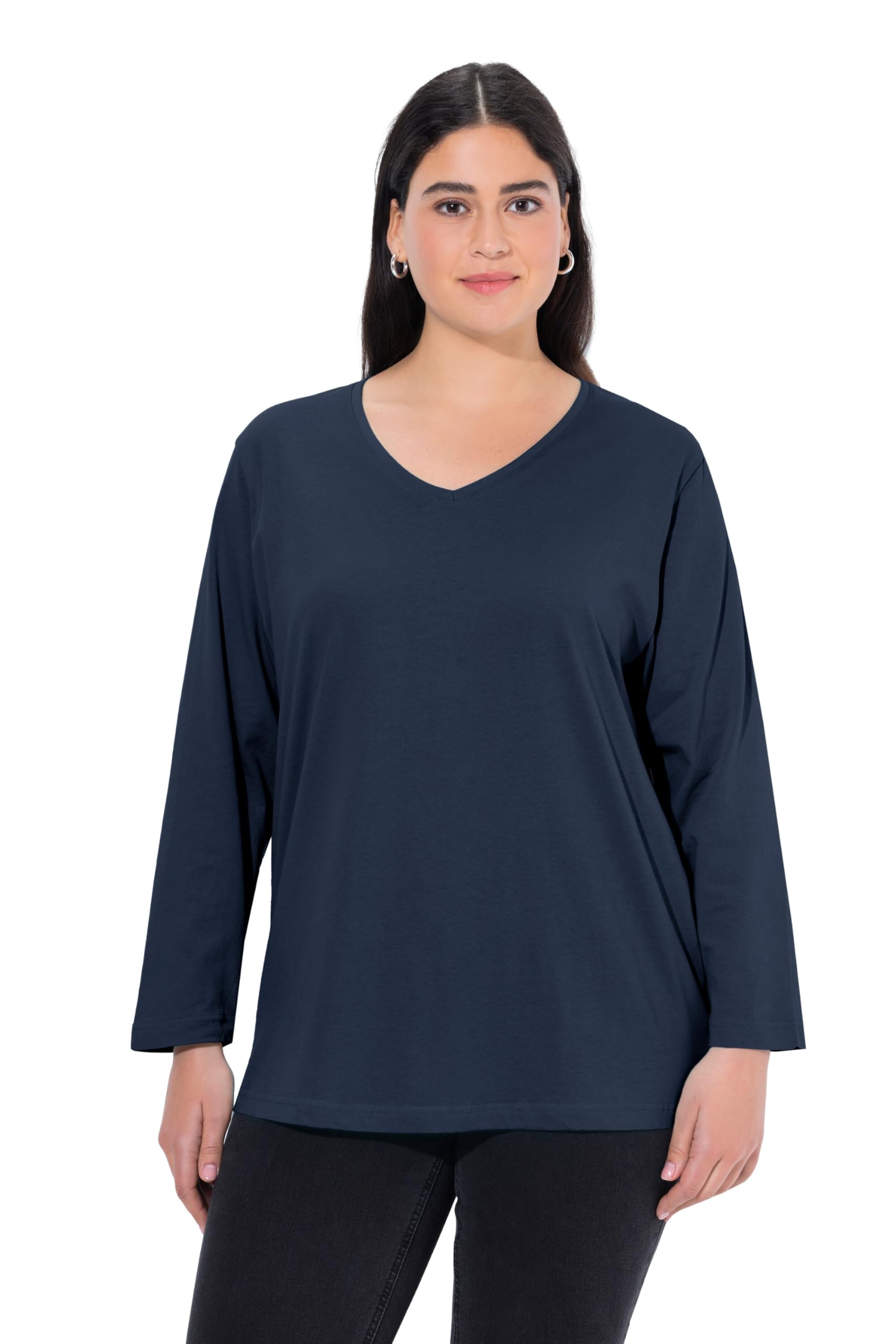 Ulla Popken Basic-V-Shirt, Langarm Long Sleeve Top, Blue Black