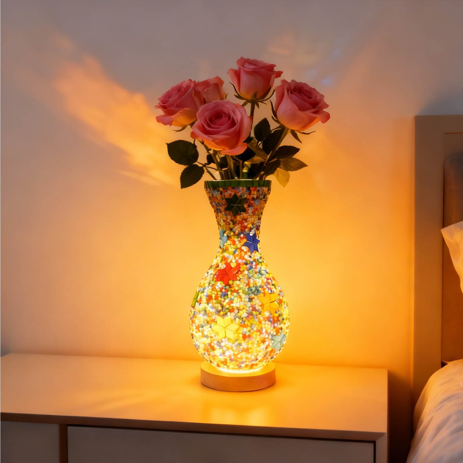 Fespcj Mosaic Turkish Vase Lamp Turkish Moroccan Table Lamp Colorful Handmade Glass Vase with Wood Base for Flowers USB Charge Decor Light for Bedroom Ambient Living Room Farmhouse（5.11in*11in）