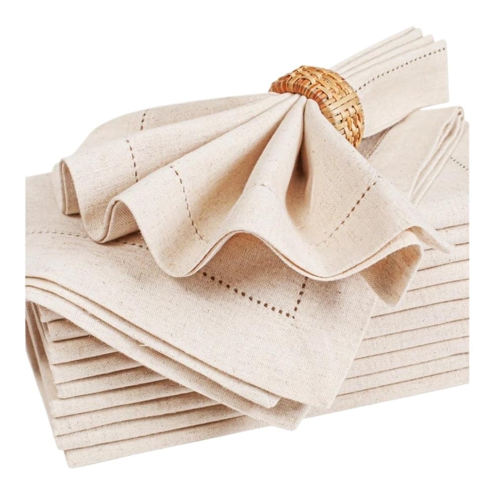 Set Of 6 Hemstitched Linen Napkins Chistmas Cloth Nature Color Dinner Washable Flax Napkin(White 50x50cm)