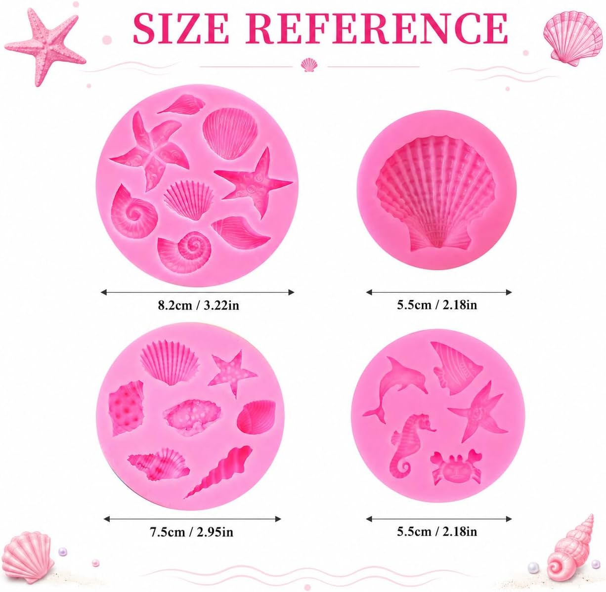 4 PCS Marine Theme Cake Fondant Silicone Mold Seashell Conch Starfish Dolphins Seahorses Crabs Fish Baking Molds For Cake Decorating Cupcake Topper Chocolate Candy Polymer Clay Baking Desserts