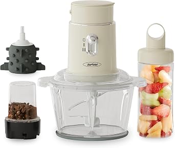 Blender and Food Processor, 4 Functions for for Grinding Meat, Peeling Garlic & Juicing, 2 Speed High Speed Blenders with 1.5L Glass Bowl & 2 Cups 0.4L+0.2L, Beige