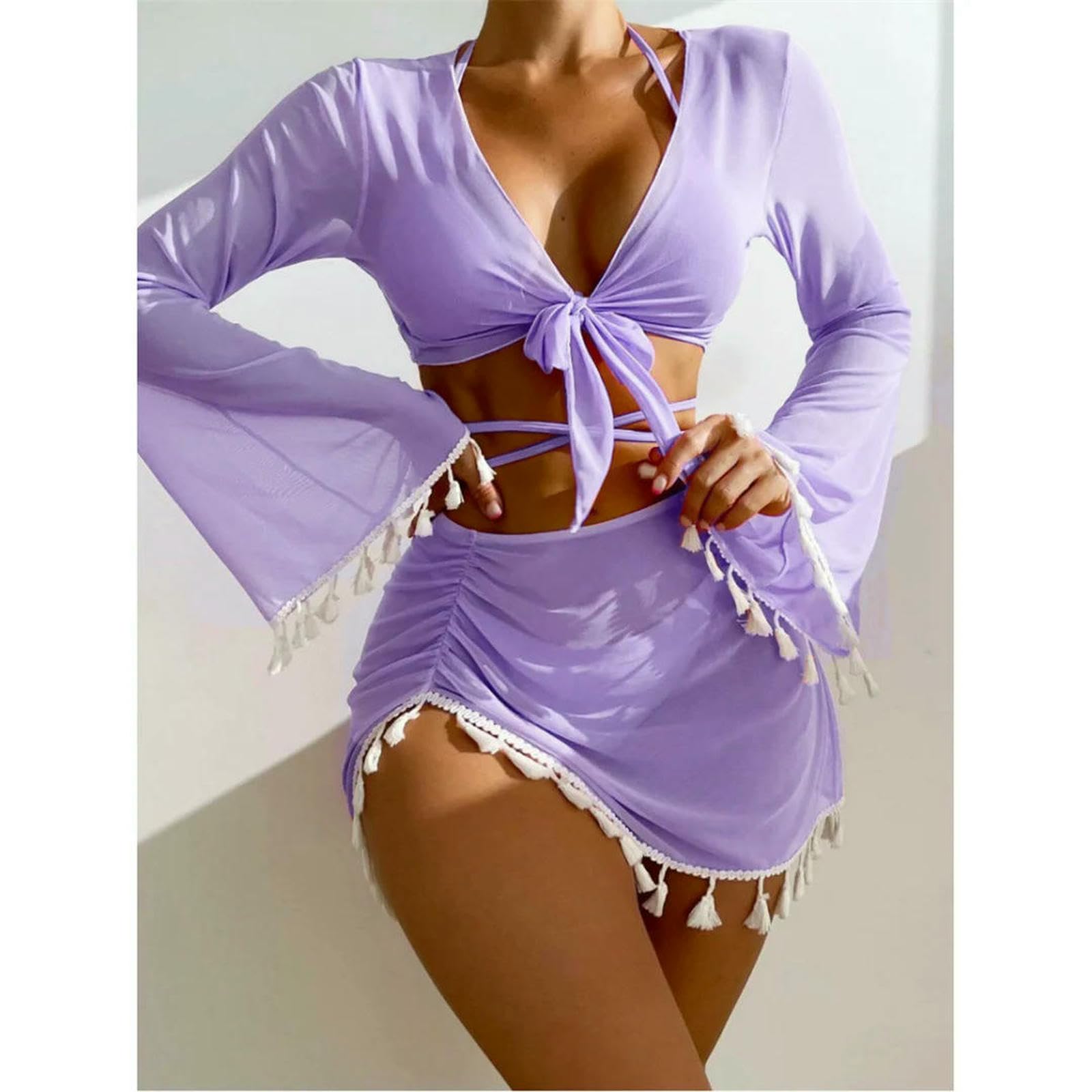 Maillot de Bain Femmes S-XL 4 Pièces Push Up Bikini Set, 2 avec Jupe Tassel & Manches Couvrir, Vacances Plage pour Les Femmes-Purple-m