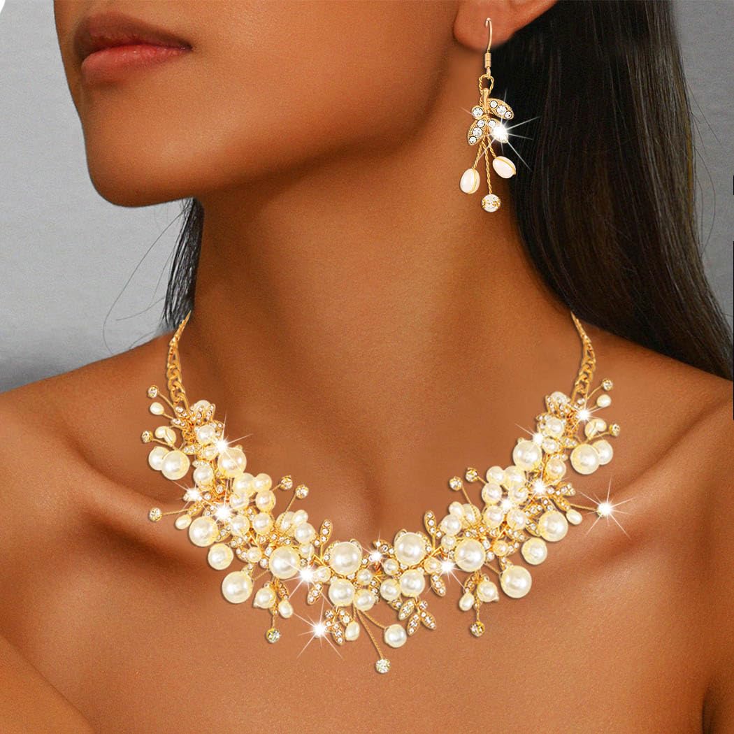 Sixexey Bridal Wedding Jewelry Set Gold Pearl Necklace Jewelry Crystal Rhinestone Necklace and Earrings Prom Costume Jewelry for Women and Brides