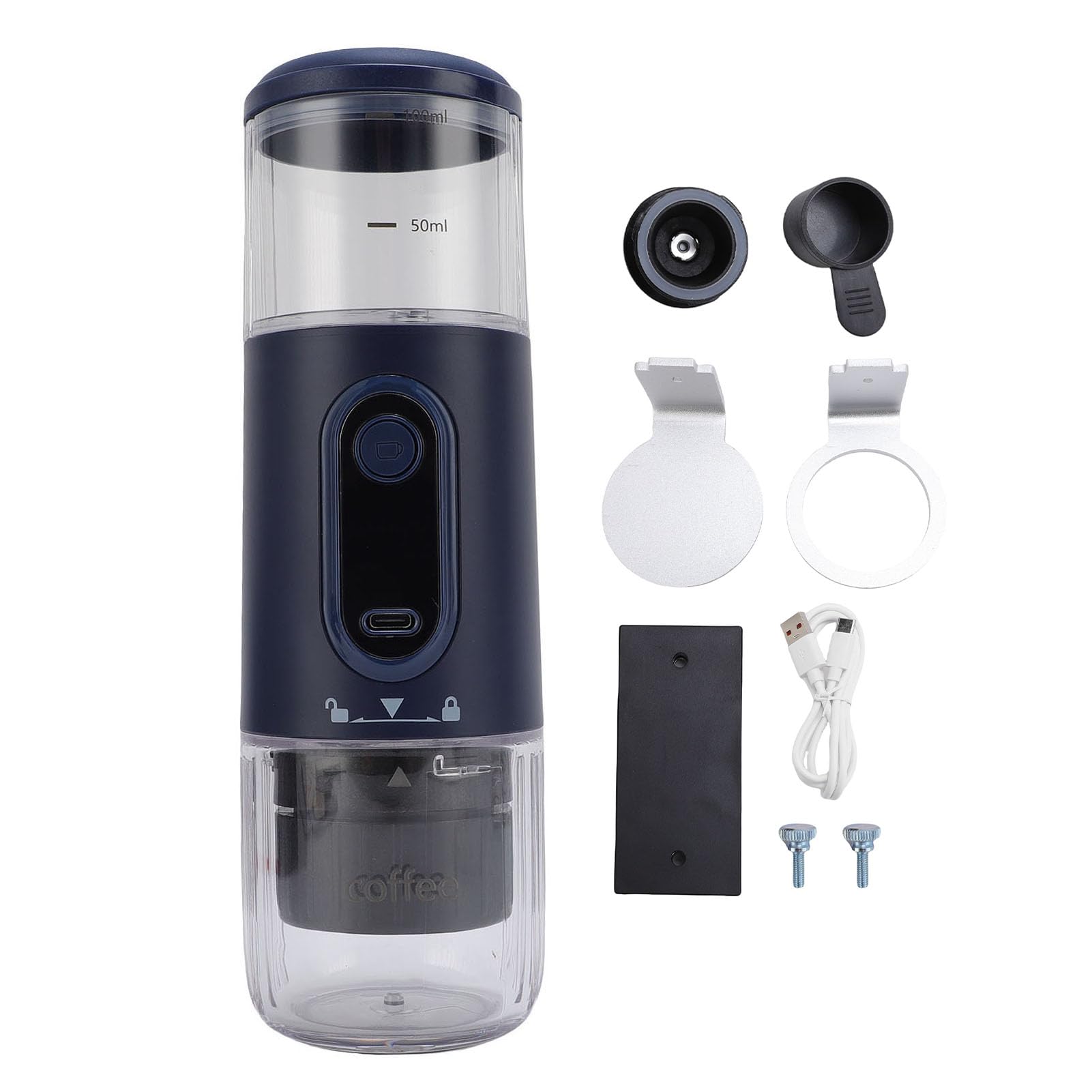 Cocoarm Macchina da caffè Portatile, Caffettiera da Viaggio in ABS con Batteria Ricaricabile da 2500 MAh, Compatibile con Capsule e caffè Macinato, Serbatoio da 100 Ml per Campeggio, Auto, (blu navy)