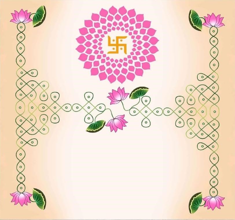Image of Background Screen for Pooja Decoration | Traditional Peach Theme with a Pink Swastik, Blooming Lotus Corners, and Green Line Art Backdrop Cloth 8x8 feet | Lakshmi Pooja Background