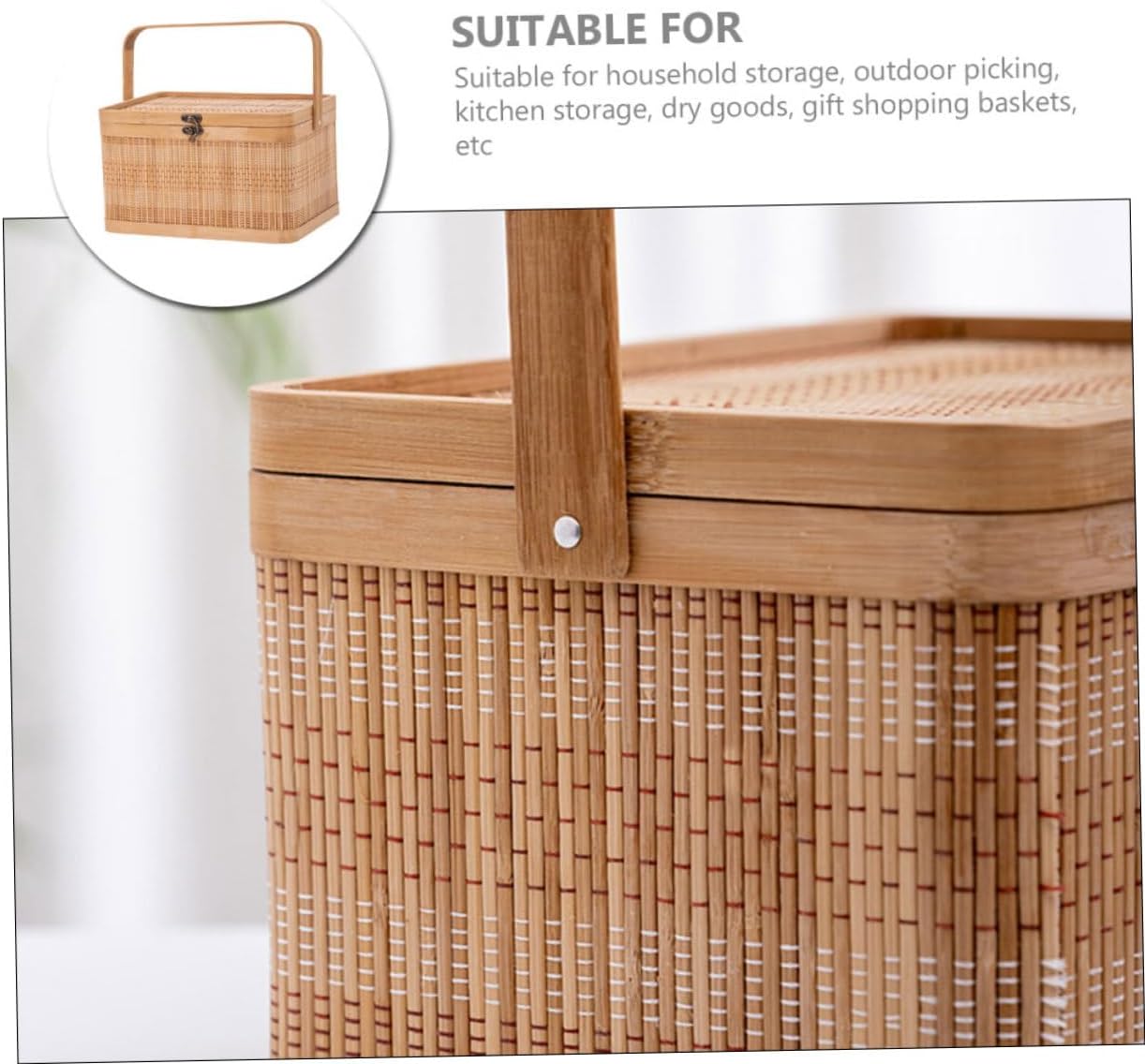 MAGICLULU Storage Basket with Lid Portable Handheld Woven Vegetable Basket for Picnic Home Organization Rustic Style Design