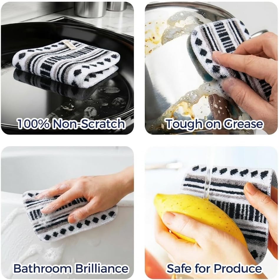Amarelle GEN II Dish Washing Scrubbers (5-Pack)2-in-1, Made in Green Kitchen Scrubbers for Dishes, Non Scratch Pot & Pan Scrubber, Heavy Duty GOTS Organic Cotton Scouring Pads, Reusable (Metro Sketch) image 5