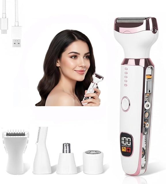 Bikini Trimmer for Women- Electric Shaver for Legs Underarms- Rechargeable Body Razors and Hair Remover for Armpits/Legs/Face/Arms/Eyebrows/Nose- 4 Detachable Heads and IPX7 Waterproof