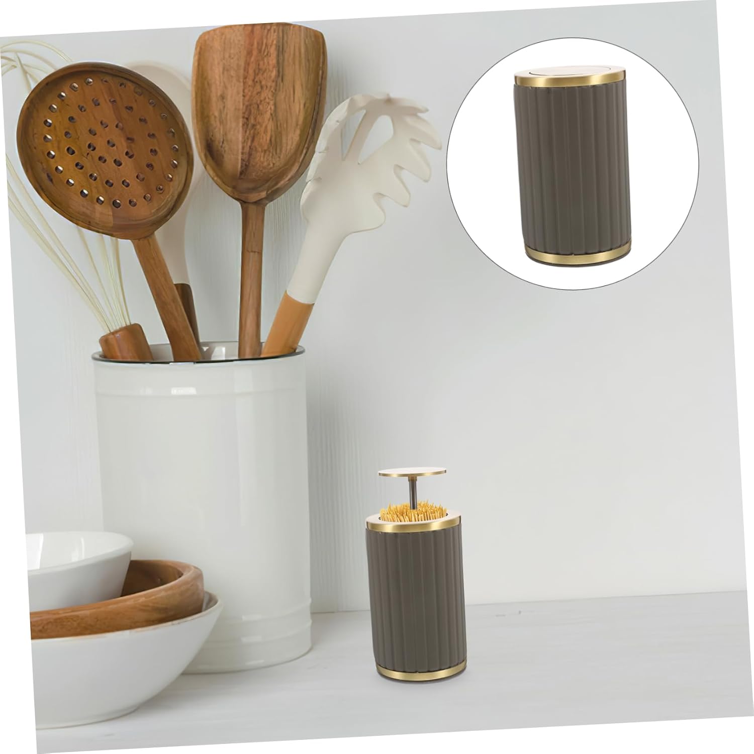 Toothpick Holder Dispenser Automatic Ejector Stylish Retractable Design for Travel Home and Office Use Press Activated Toothpick Deep Gray Aesthetic