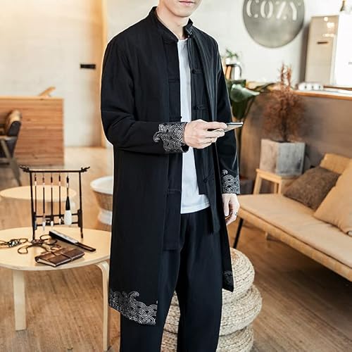 XJRJ Casaco masculino fino de linho, preto, longo, masculino, Hanfu, estilo chinês, Preto 1, G