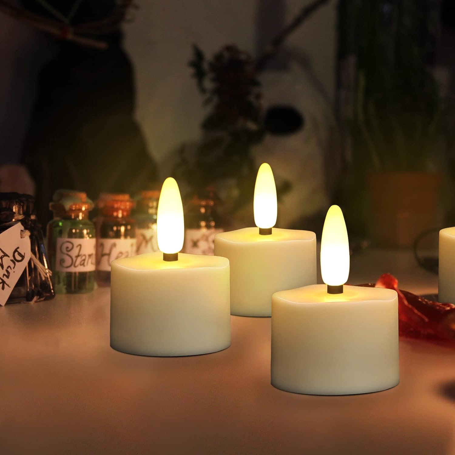 6 Pack LED Tea Lights USB Rechargeable with Remote Control & Timer Warm White 3D Wick Battery Operated Flameless Candles Tealight for Halloween Christmas Outdoor Table Party Decoration