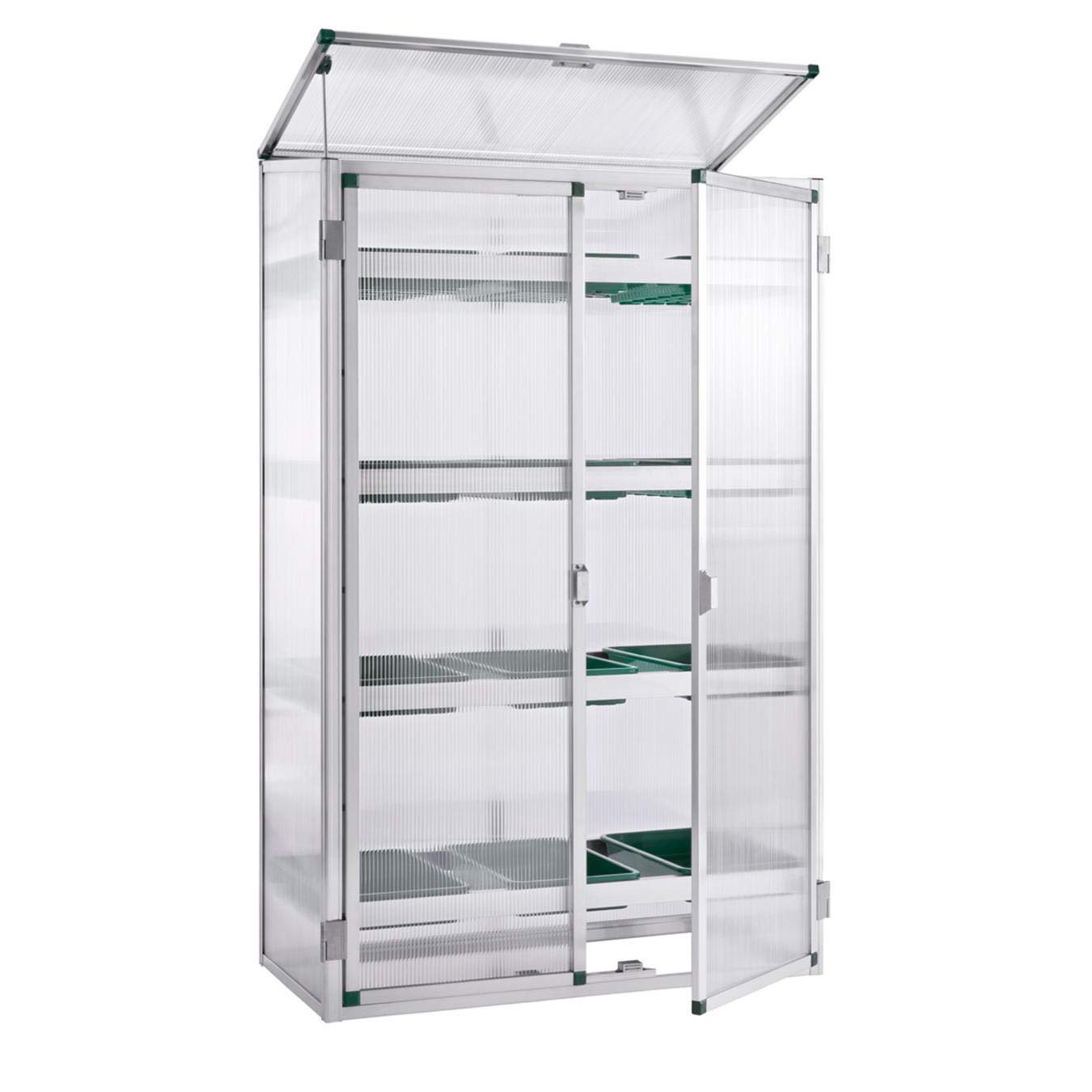 Beckmann Aussaat- & Anzuchthaus für Balkon & Terrasse – Premium Mini-Gewächshaus (87x44x140 cm) – Stabiles Alu-Pflanzenregal mit 6 mm Stegdoppelplatten & UV-Schutz – Inkl. Saatschalen & Belüftung