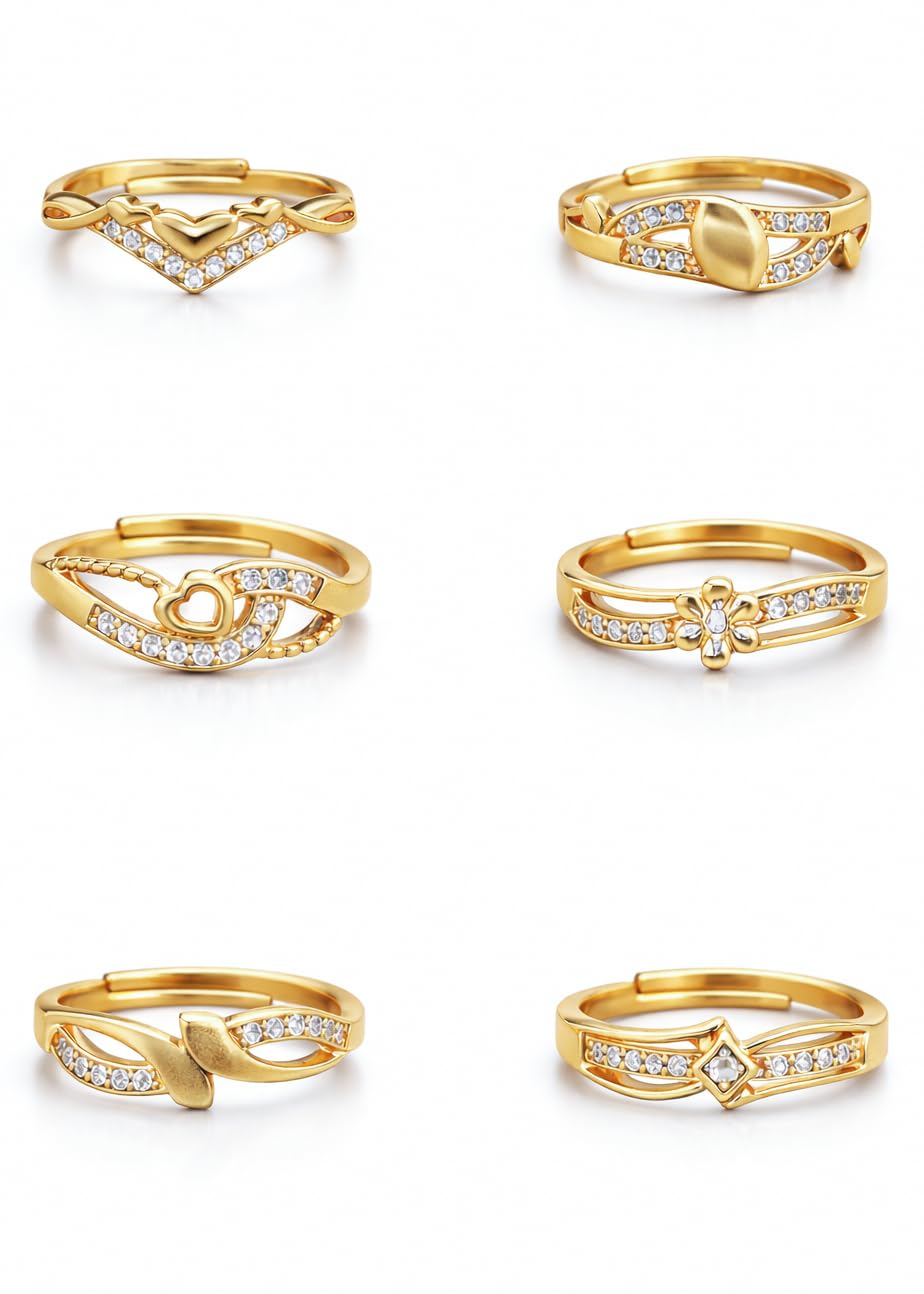 brado jewellery combo of 6 Gold Plated ad american diamond Adjustable free size Rings Combo for Women & Girls | Stylish Fancy Ring Set | Heart & Stone Design | for Daily use-picture-12