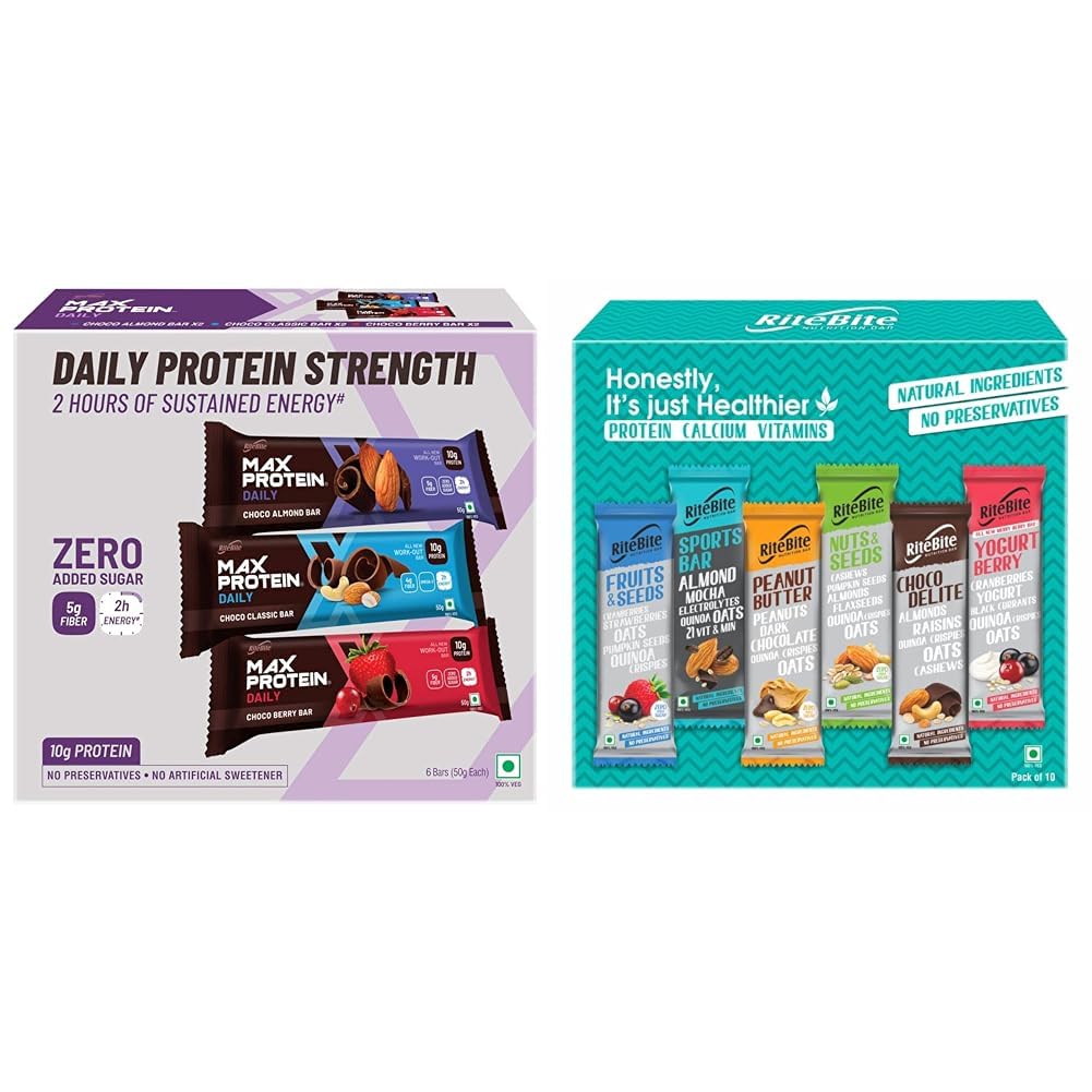 RiteBite Max Protein Daily Assorted Protein Bars, 10g (Pack of 6) with Nutrition Assorted Bars (Pack of 10) Combo