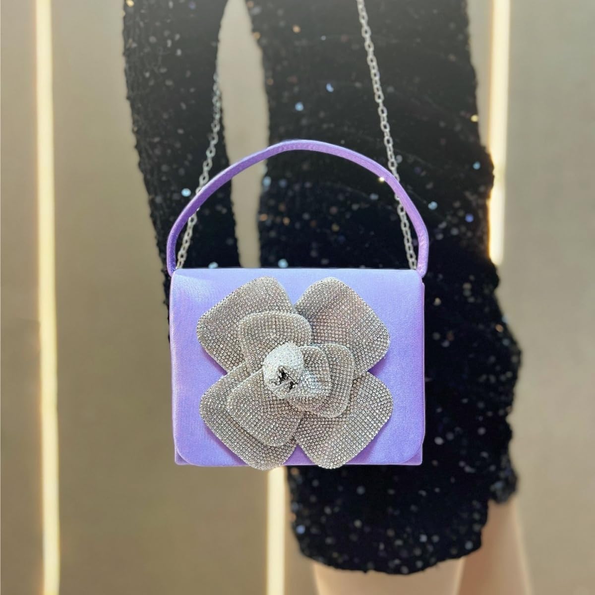Handmade Rhinestones Rose Flower Satin Square Hand-held Crossbody Bag Wedding Dinner image 3