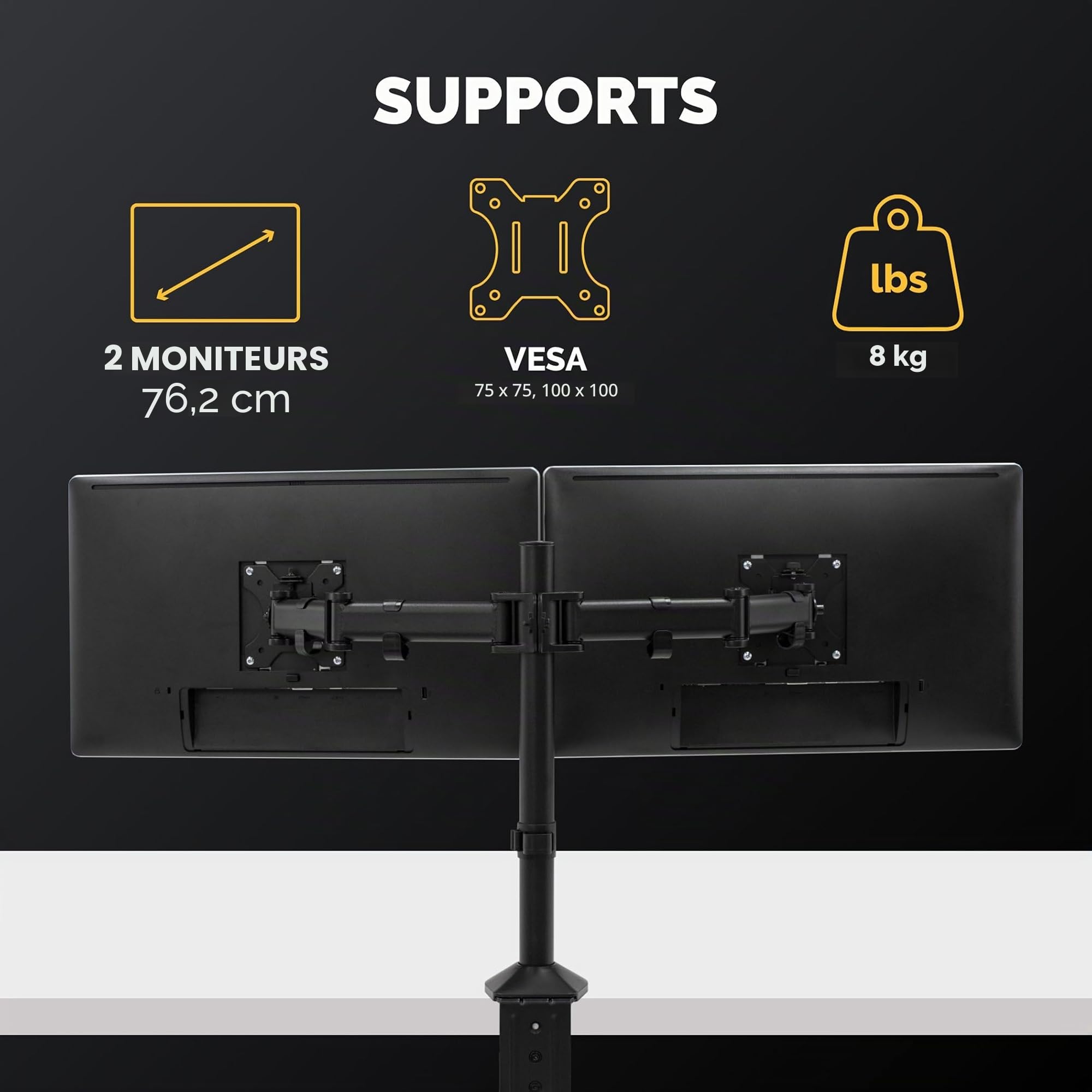 Fellowes Bras Porte Écran Reflex Double pour 2 Écrans Jusqu'à 27" Hauteur Et Profondeur Ajustables Norme VESA