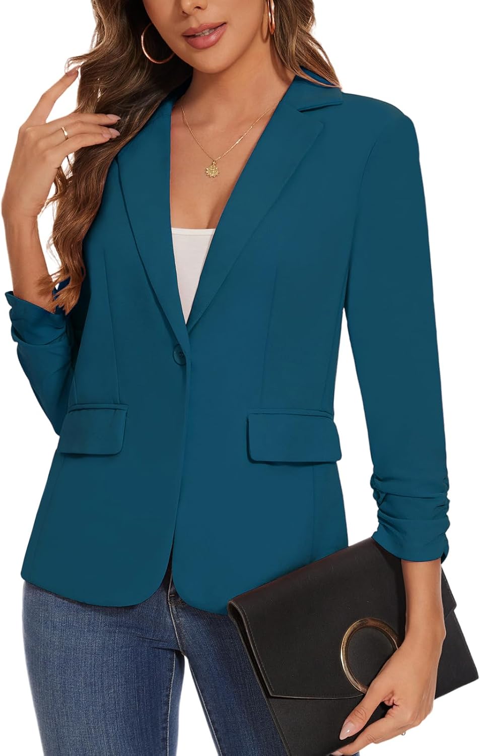 Women's Casual Single Button Front Blazer Ruched 3/4 Sleeve Notched Lapel Office Lightweight Blazers with Pockets - Image 5