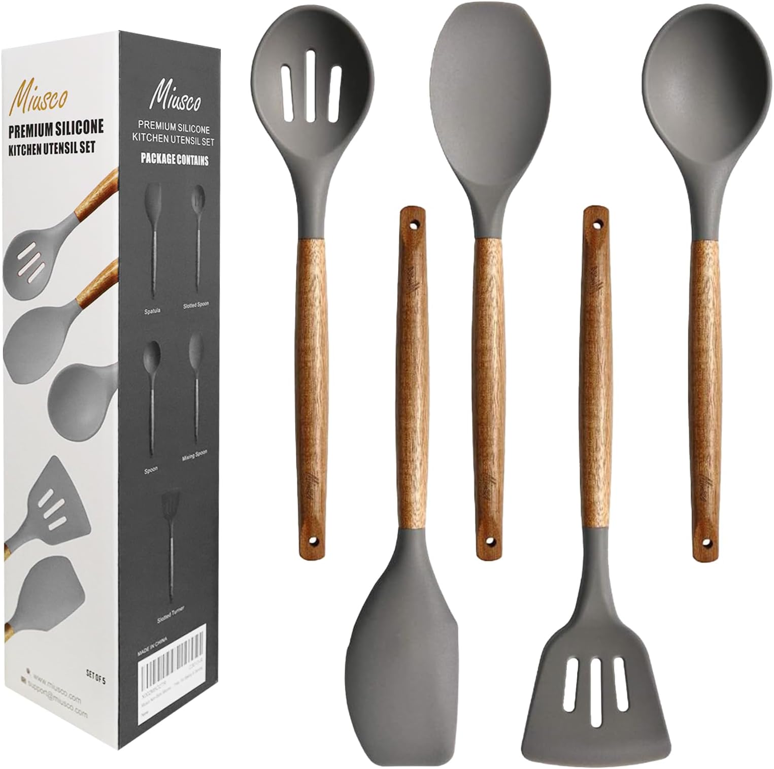 Acacia Wood : Miusco 5 Piece Silicone Cooking Utensil Set with Natural Acacia Hard Wood Handle