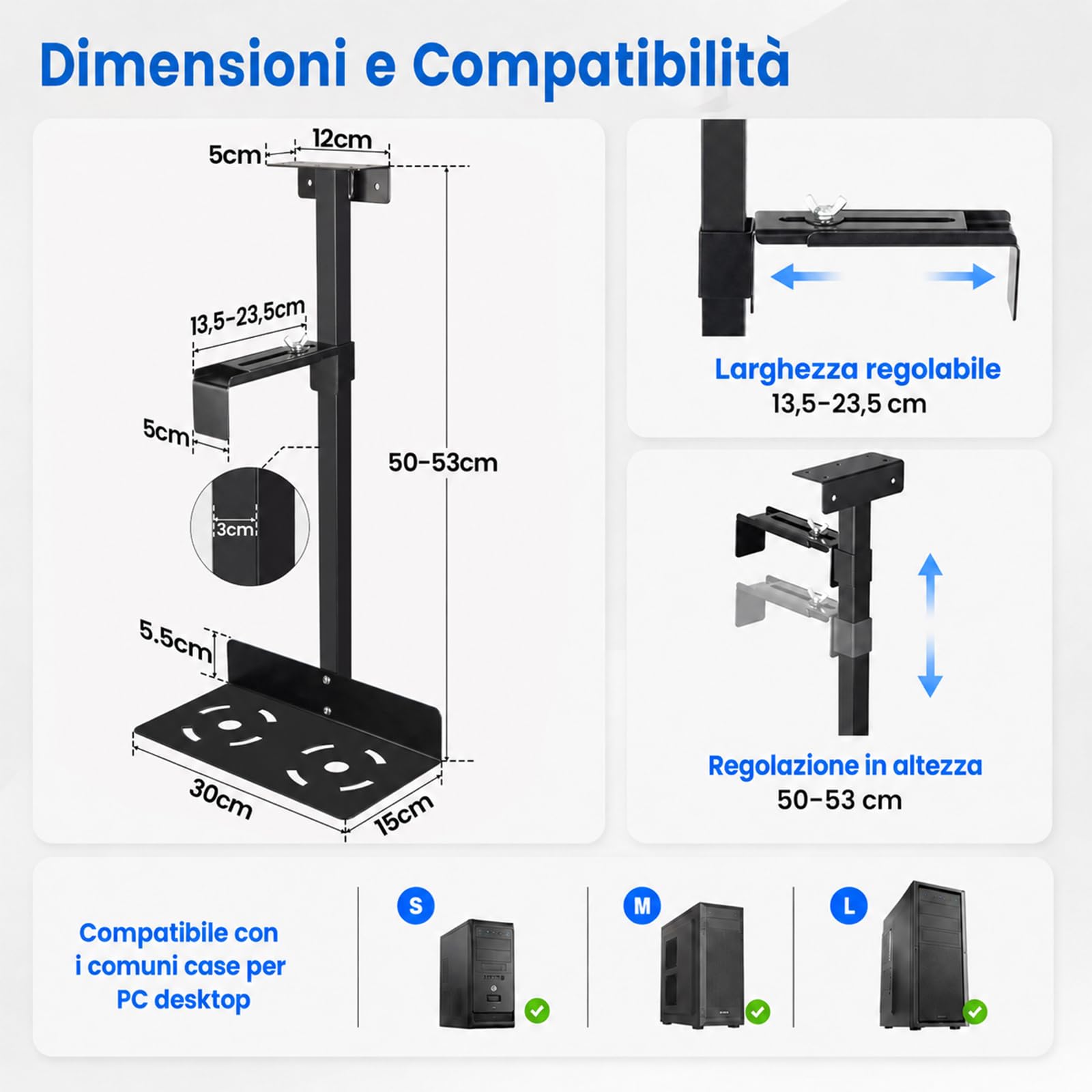 Supporto per PC sotto scrivania, scrivania regolabile in altezza, per la maggior parte delle case del computer, fino a 30 kg, altezza regolabile 50-530 mm, girevole a 360°