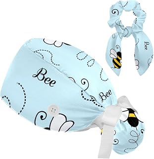 FVQL 2 Pieces Surgical Cap for Long Hair Scrub Cap with Hairband Nurse Cap, Bee Animal Cartoon