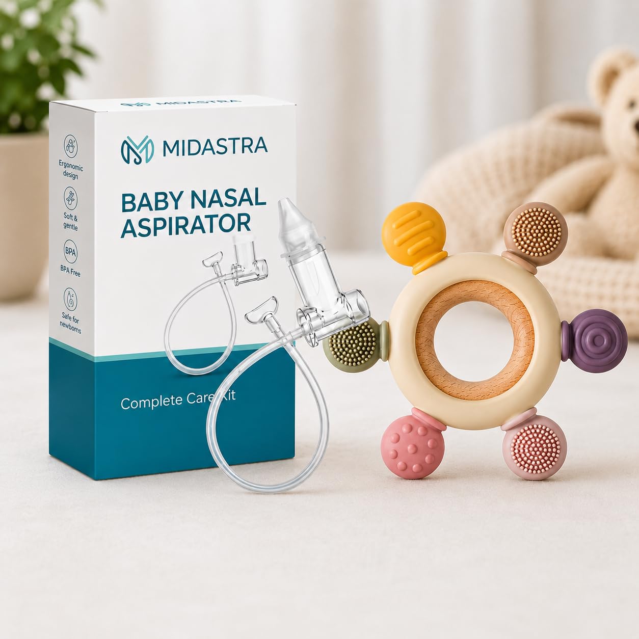 Baby Nasal Aspirator with Silicone & Wooden Baby Teether | Manual Baby Nose Cleaner | BPA-Free Soft Silicone Tip | Multi-Texture Teething Ring | Complete Newborn & Infant Care Kit-image-24