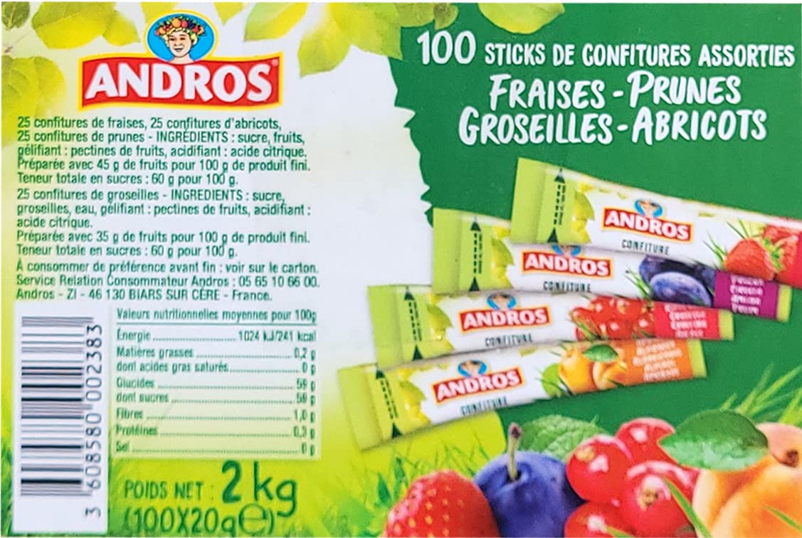 ANDROS | 100 sticks individuels de confitures assorties - fraise, abricot, prune, groseille- sticks de 20 gr