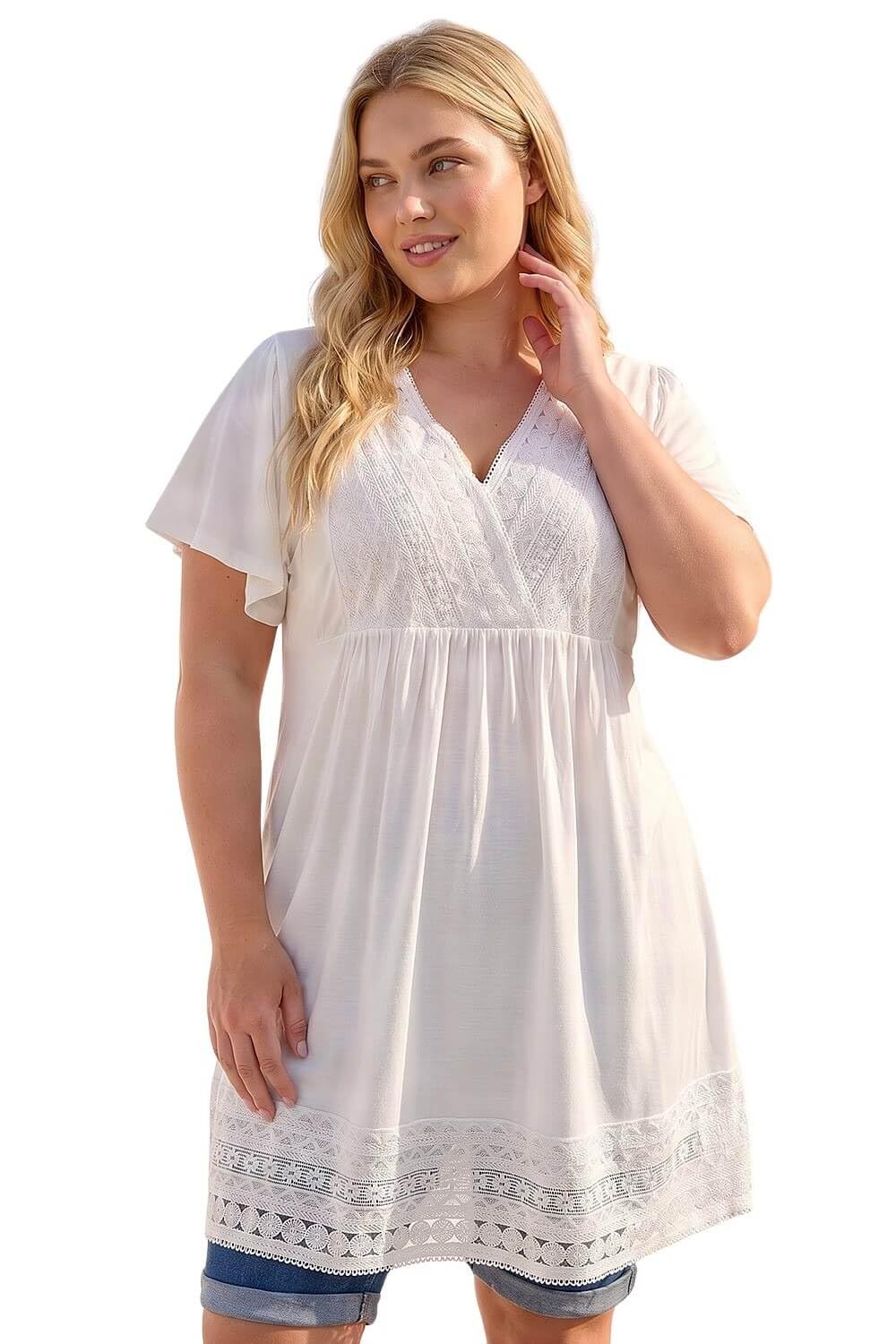 Roman Originals Women's Ivory Plus Roman Curve Lace Trim Stretch Top For Uk - Everyday Holiday Spring Summer V-Neckline Comfy Soft Evening Vacation Work Party