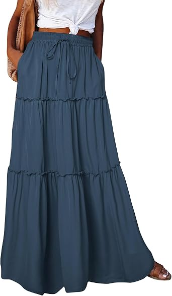 Womens Maxi Skirt Summer Flowy Tiered Elastic High Waisted Skirt Vacation A-Line Swing Long Solid/Floral Maxi Skirts Dark Gray L