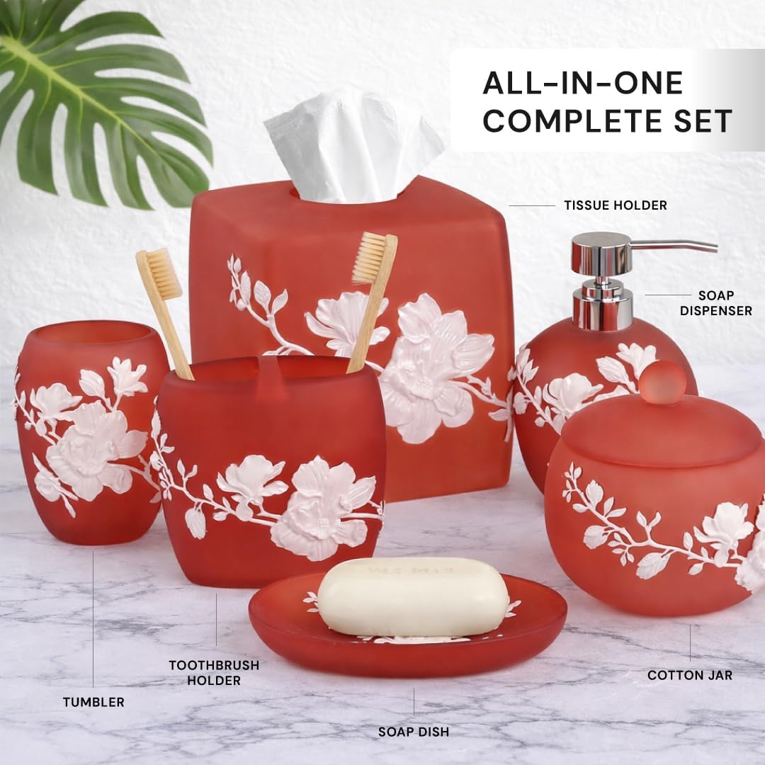 Decozen Bathroom Accessories 6Pcs Set, Soap Dispenser, Toothbrush Holders, Tumbler, Soap Dish & Cotton Swab Jar – Modern Bathroom Decor, Modern Farmhouse Decor, Countertop Accessories, Red