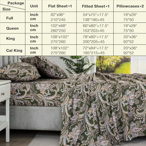 Image of Vintage Paisley Floral Green Percale Sheets, King Size 100% Cotton Extra Deep Pocket Boho Toile Bed Sheets, Soft Crisp Flower Patterned Farmhouse Sheet Set, Shabby Chic Luxury Bedding, 4Pcs