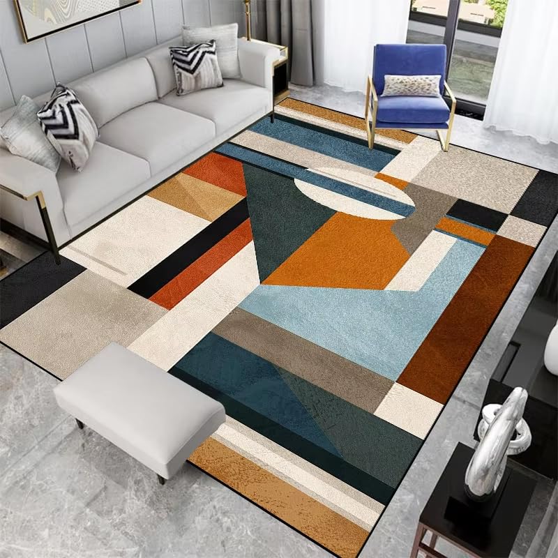 Tapis géométrique antidérapant et lavable pour un salon rétro et sécurisé
