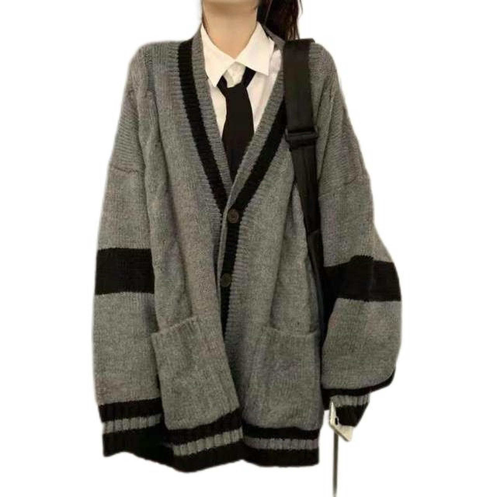 Subx Women's Grey Retro V-Neck Knitted Cardigan Korean Style Fashionable Oversized Button Sweater For Preppy Style Retro Autumn Knitted Sweater Harajuku-M